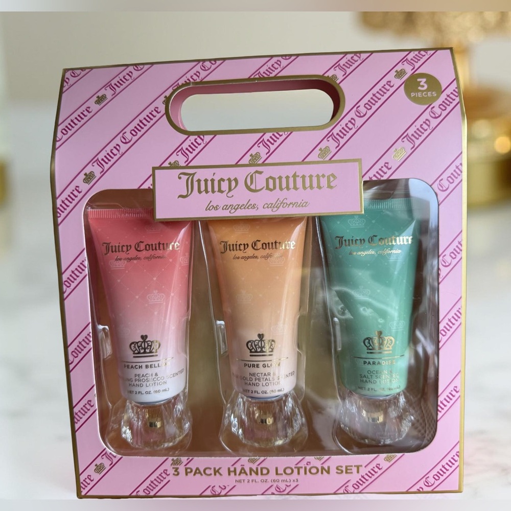 Juicy Couture NWT Hand Lotion Trio Peach Bellini, Pure Glow & Paradise 2 Oz Each